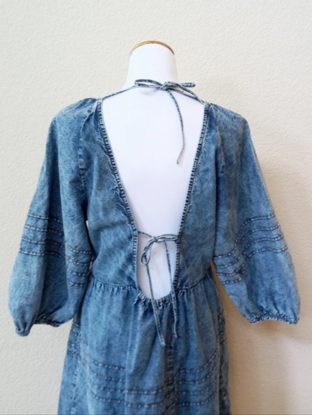 Free People washeddenim puff sleeve open, tie-back mini dress - Picture 13 of 14